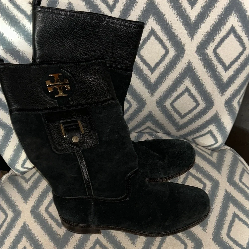 Tory‎ Burch Black Suede Mid-Calf Boots with Logo Hardware 9